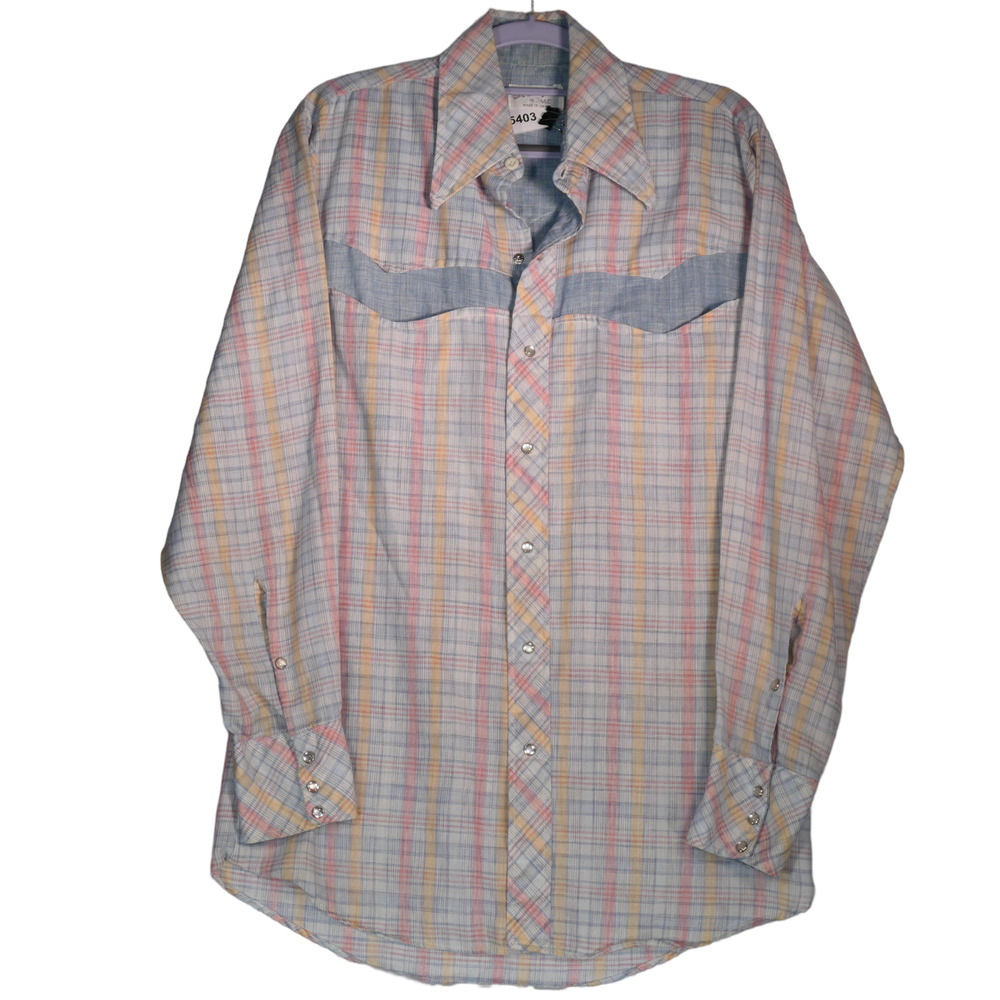 Vintage Goat Roper Western Pearl Snap Shirt Mens Large Blue Pink Plaid Pockets